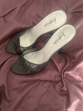 Frederick's of Hollywood Black Lace Open-Toe Heel Mules